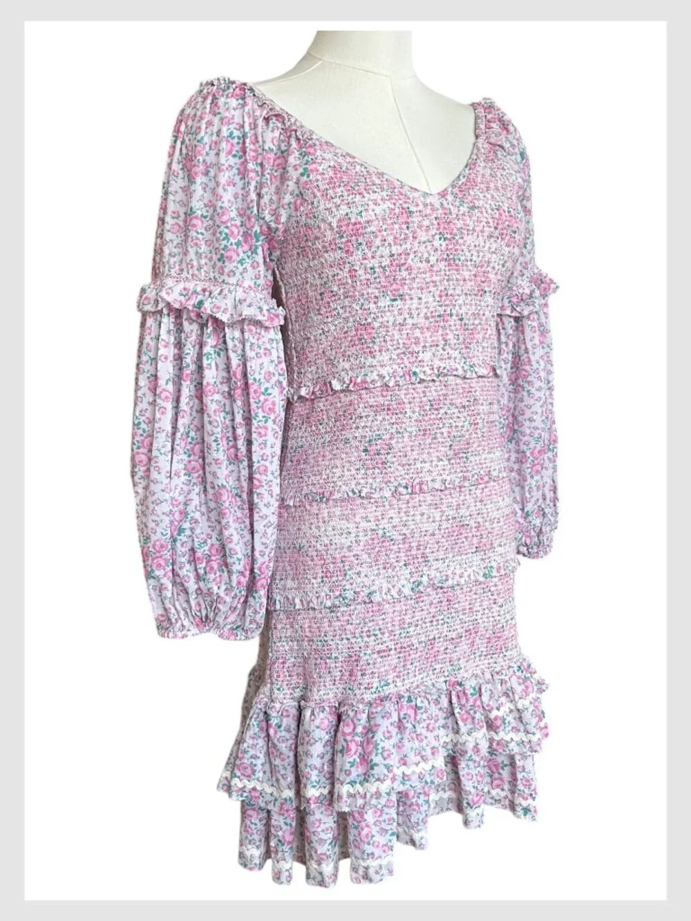 LoveShackFancy Ensley Mini Dress Candy Heart Smocked Puff Sleeve S